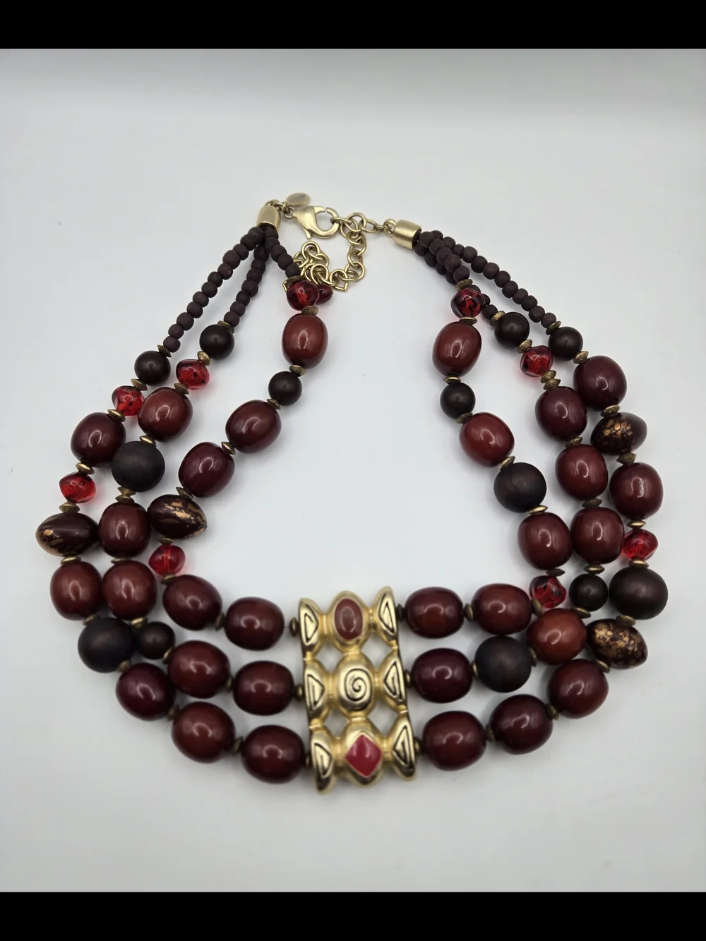 Chico's MultiStrand Burgundy Red Gold Statement Necklace Tribal Focal Chunky Bib